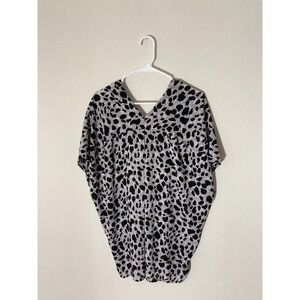 Womens Gray Black Leopard Print Kaftan Top Tunic Oversized V Neck Short Sleeve